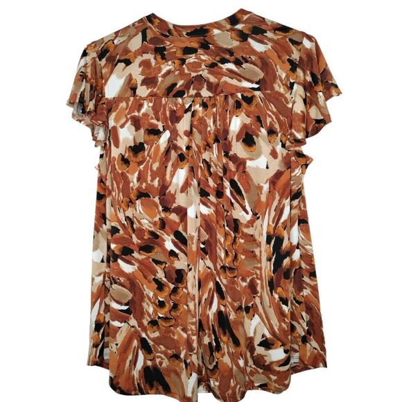 NWT Cocomo Plus Size 3X Brown Animal Print Pintuck Short Flutter Sleeve Top - Picture 2 of 7